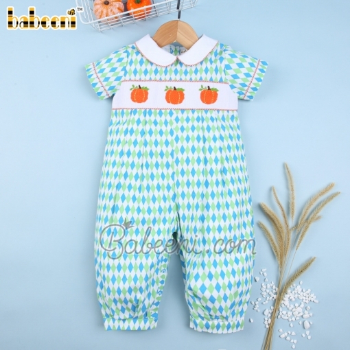 Cute pumpkin hand smocked baby boy long bubble - BB2127A