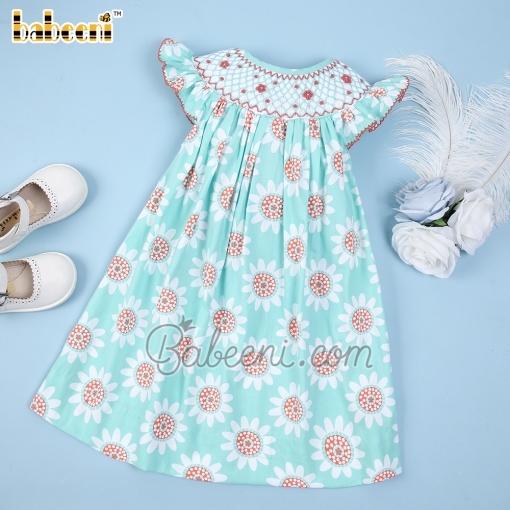 Coral geometric smock mint dress for baby girl - BB2073