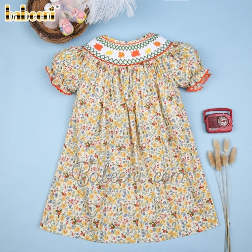 Yellow flower dress with geometric smock around neck - BB1656A