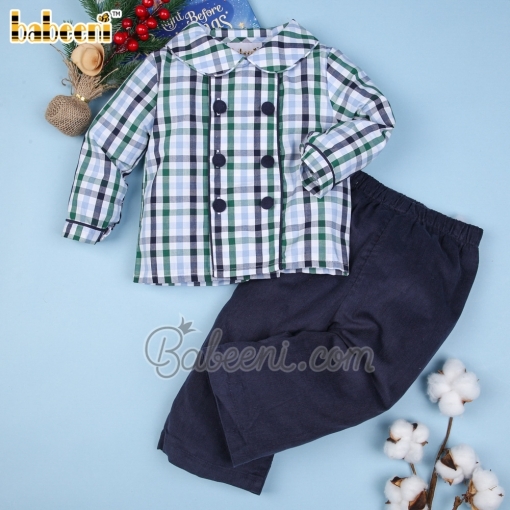 Boy long set 2 lines of buttons plaid top navy pants  - BB2335