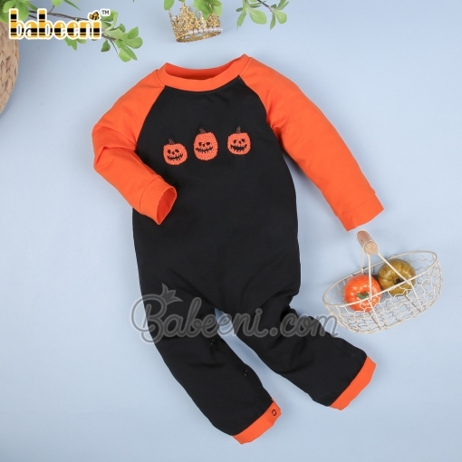Pumpkin French knot embroidery boy bubble – BB2871