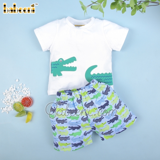 Appliqued crocodile boy set white top printed shorts - BB2227