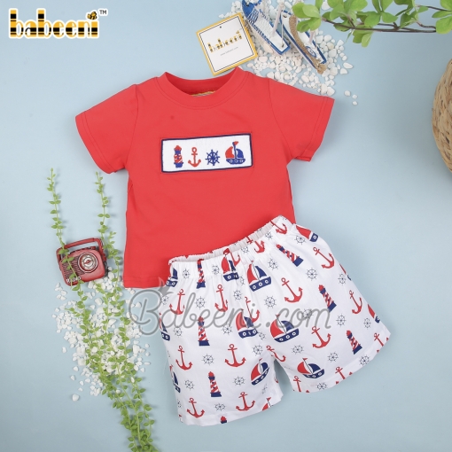 Smocked anchor and boat boy printed set - BB1883