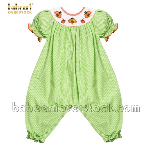 Smocked turkeys Thanksgiving lime gingham girl bubble - BB1999