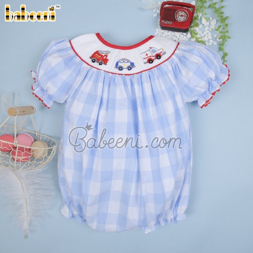 Car hand smocked girl bubble with red zigzag – BB3029A