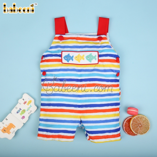 Colorful fish Hand smocked boy shortall - BB3066C