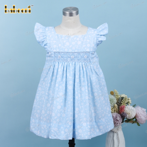 Geometric Smocked Dress In Blue With White Floral For Girl - BB3199A