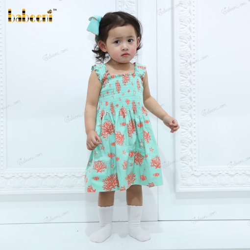 Shirred Sea Creature Printed Dress For Girl - BB3161A