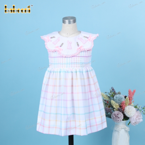 Shirred Dress Hand Embroidery Bunny Pink For Girl - BB3248B