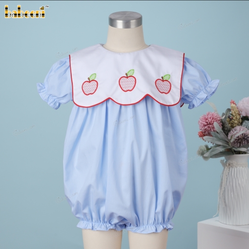 Girl Bubble In Blue With Apple Embroidered Back To School Eve - BB3408A