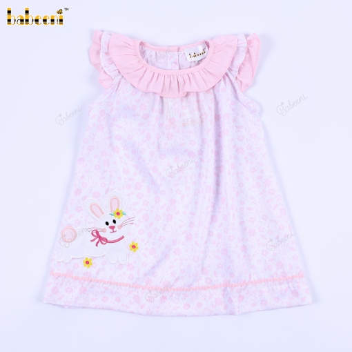 Machine Embroidery Bunny Dress In Pink For Girl - BB3246
