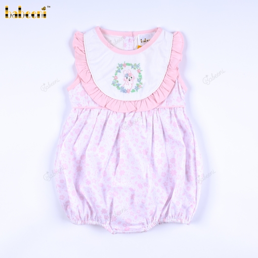 Hand Embroidery Bubble Easter Pink Bunny In Wreath For Girl - BB3222A