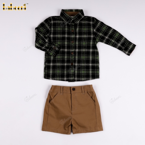 Boys' checkered flannel shirt in blue and black, and brown khaki shorts set.- BB3561