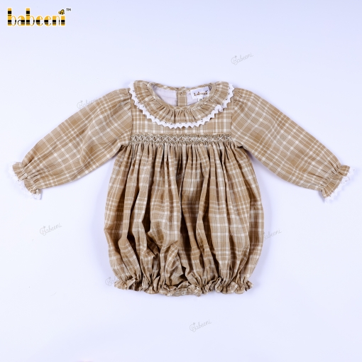 Classic Beige Plaid Bubble Romper for Baby Girls- BB3588